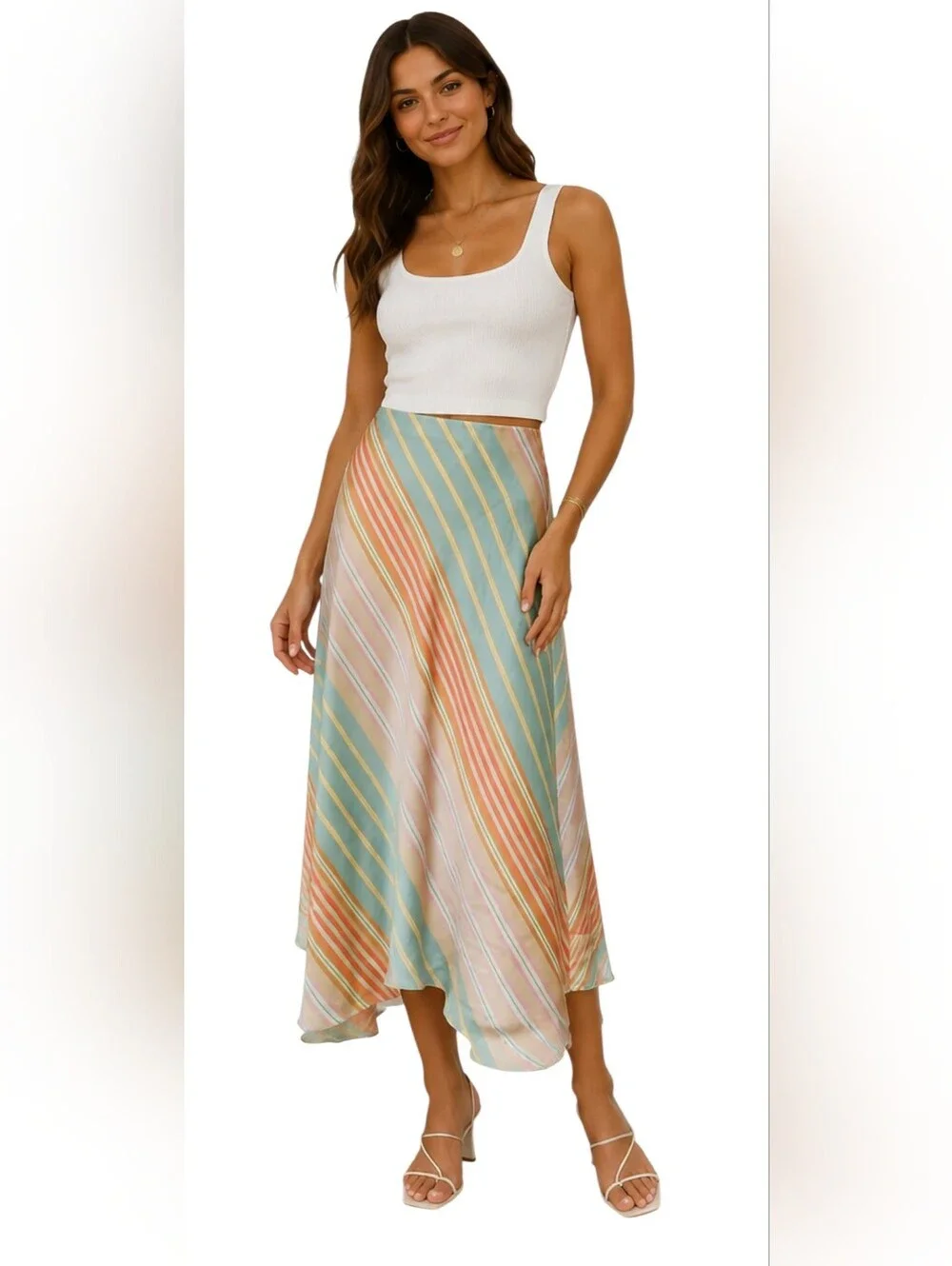 Zara Satin Striped Asymmetrical Midi Skirt Multicolor Size M